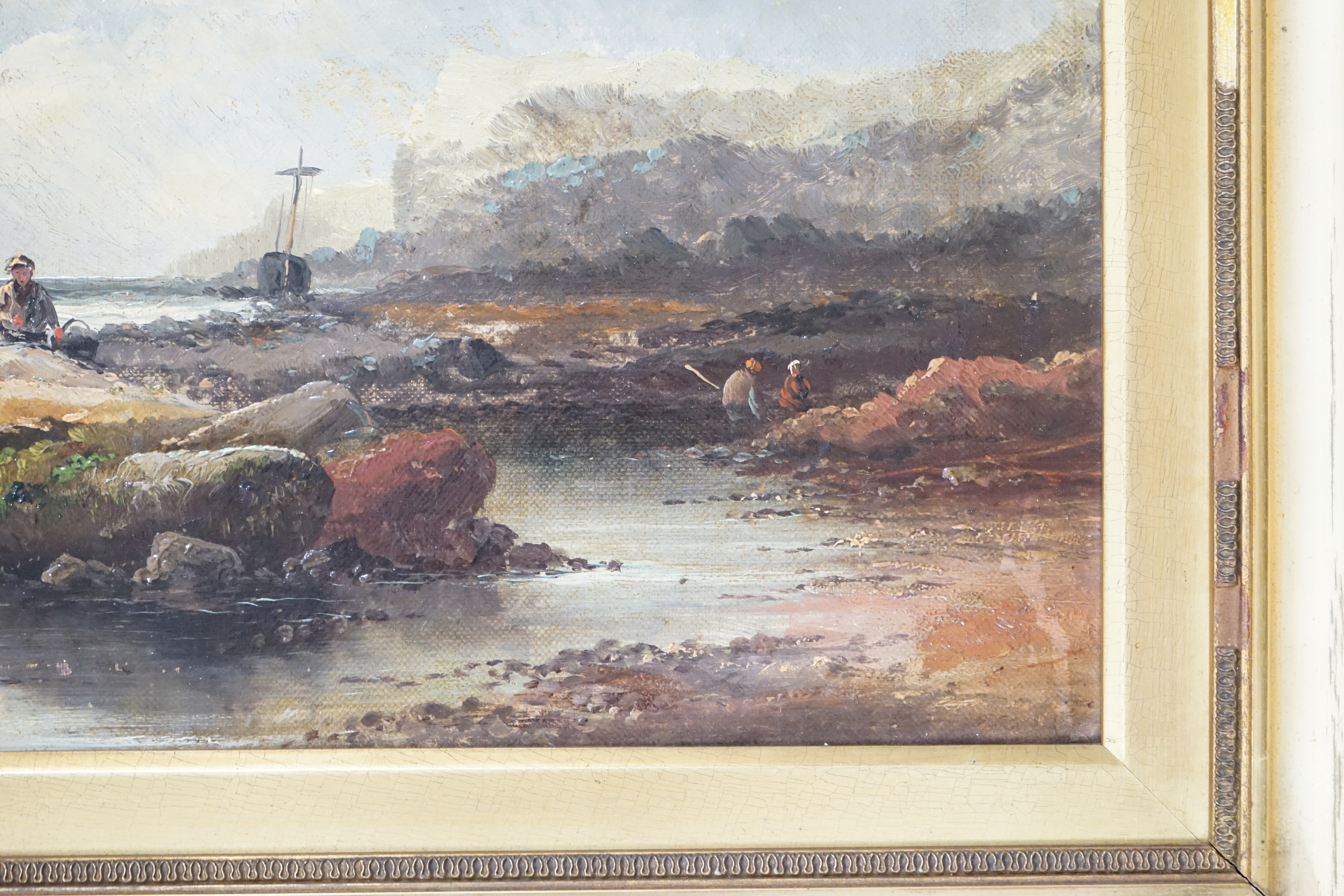 Late 19th/early 20th century school, oil on canvas, Coastal scene with figures collecting shellfish, - Image 5 of 6