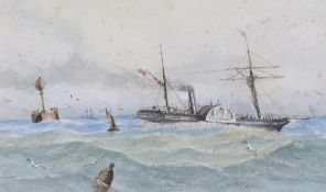 Mid 19th century, British Maritime interest, watercolour, Brigantine-rigged paddle steamship passing