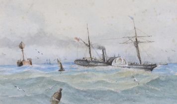 Mid 19th century, British Maritime interest, watercolour, Brigantine-rigged paddle steamship passing