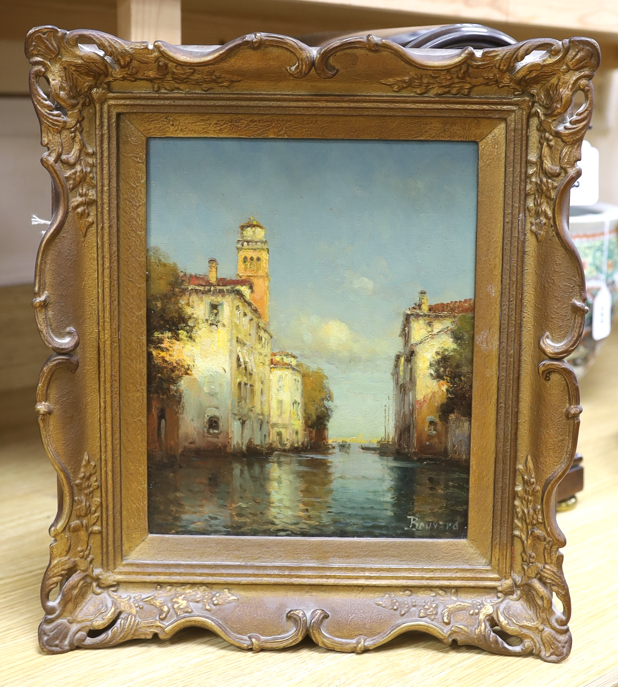 Bouvard, oil on canvas, Venetian canal, signed, details and stencil ‘GA993’ verso, 26 x 20cm, ornate - Image 2 of 4