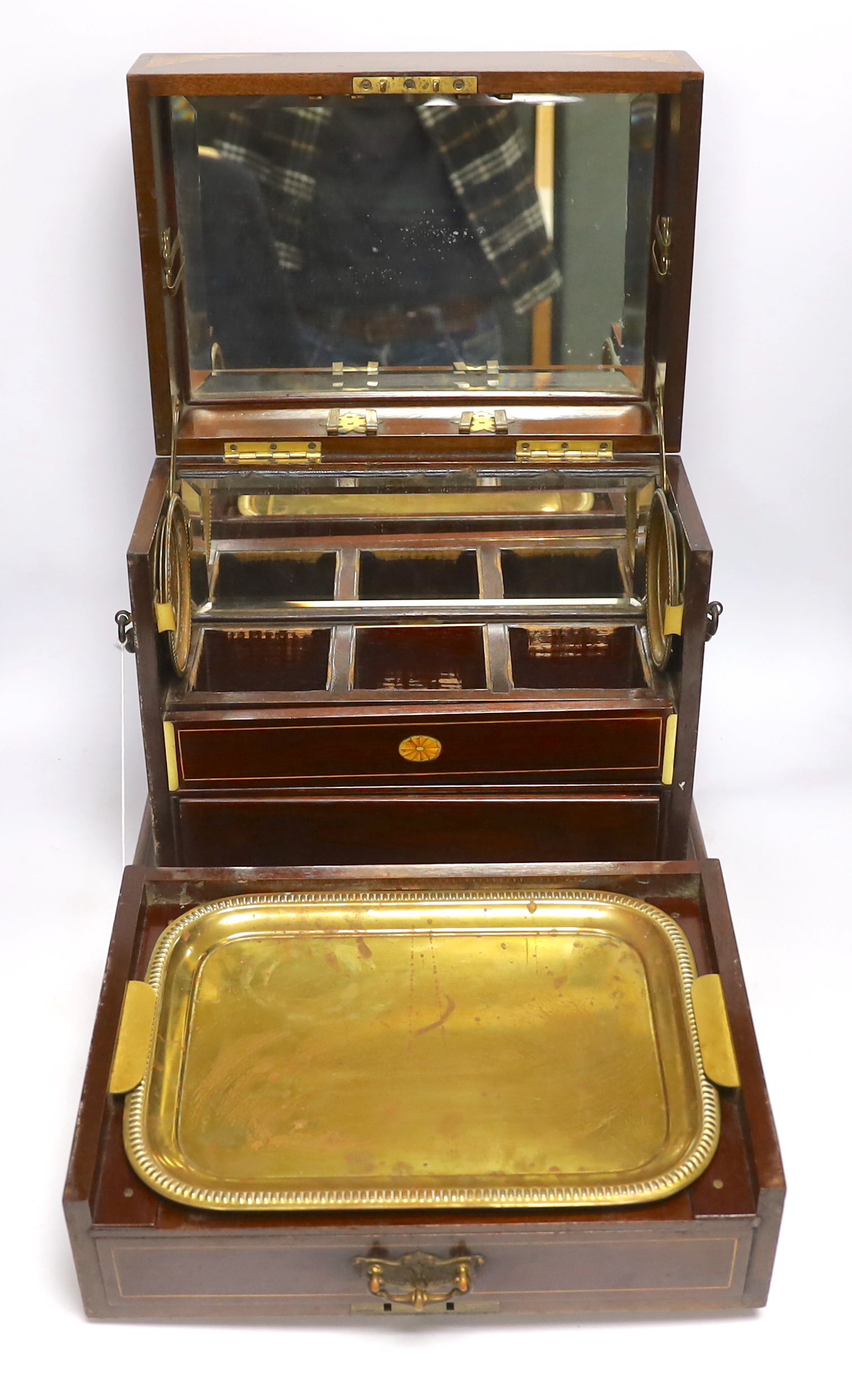 An Edwardian Sheraton revival inlaid mahogany portable drinks cabinet with tantalus and other - Image 2 of 6