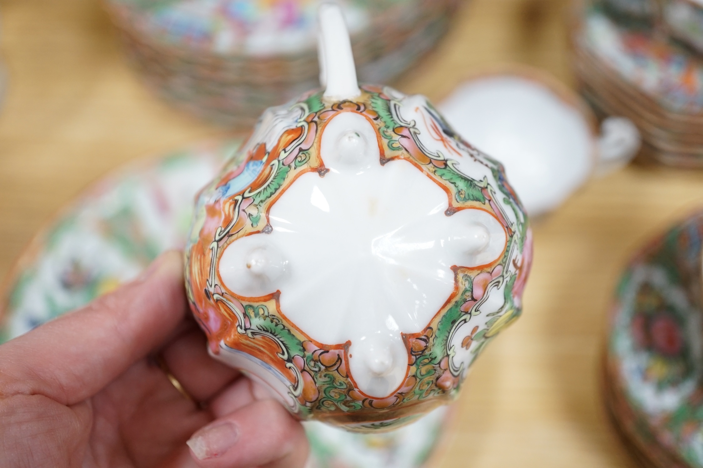 A Chinese famille rose six place setting tea service, including a large tea pot and cover, a smaller - Image 6 of 6