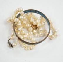 Two single strand cultured pearl necklaces, one with 9ct, white opal and cultured pearl set clasp,