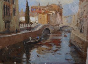 Eleanore Hunter (Exh. 1908-9), watercolour on brown paper, Venetian canal scene, signed, 19 x