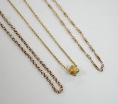 A 9ct and turquoise set chain (a.f.) and two other yellow metal chains (a.f.), gross 17.9 grams.