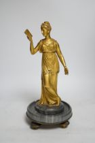 A 19th century French ormolu figure of a woman reading, on a two-piece grey marble base, 33cm high