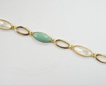 A modern 14k, mother of pearl and turquoise set bracelet, 18cm, gross weight 6.2 grams. moonstone