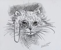 After Louis Wain (1860-1939), ink sketch, Comical study of a cat wearing a monocle, bears signature,