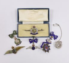 Seven white metal etc. enamelled sweetheart and related brooches, examples including; RAF, Royal