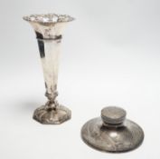An Edwardian silver trumpet vase, London, 1906, 23.3cm, weighted and a silver mounted inkwell.
