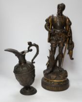 A 19th century parcel gilt and bronzed spelter figure of a cavalier, together with a Florentine