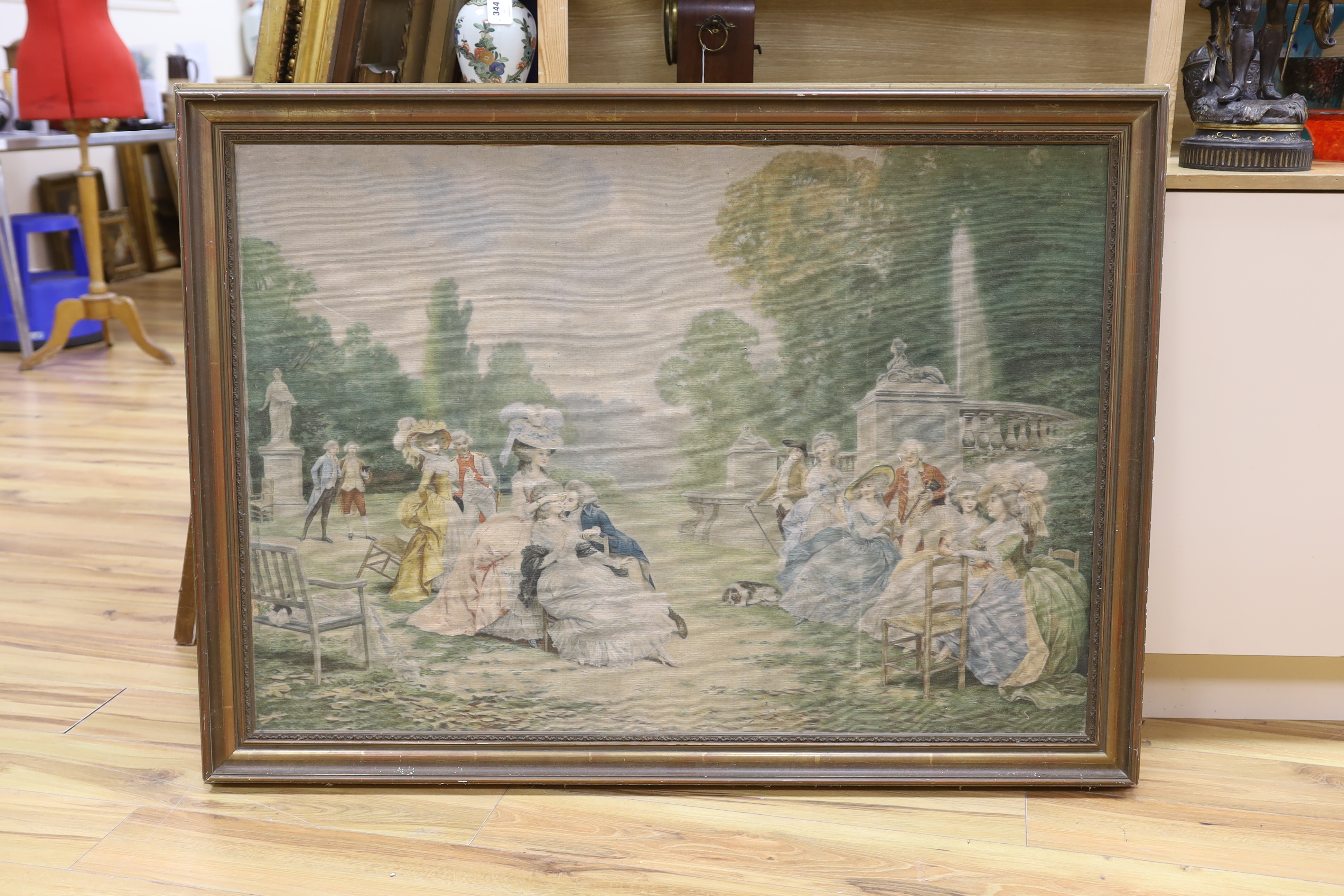 A printed machined tapestry panel depicting ladies and gallants in parkland, 79 x 114cm - Image 3 of 4