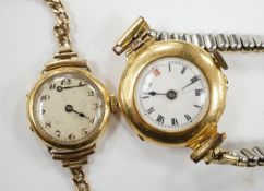 A lady's early to mid 20th century 18ct gold manual wind wrist watch on a 9ct bracelet, together