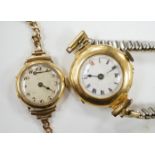 A lady's early to mid 20th century 18ct gold manual wind wrist watch on a 9ct bracelet, together