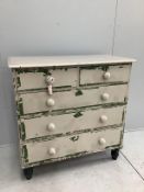 A Victorian pine chest of five drawers, later painted, width 104cm, depth 48cm, height 104cm