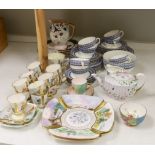 A Copeland Spode porcelain part tea set and two dishes, painted with scenes after Birkett Foster,
