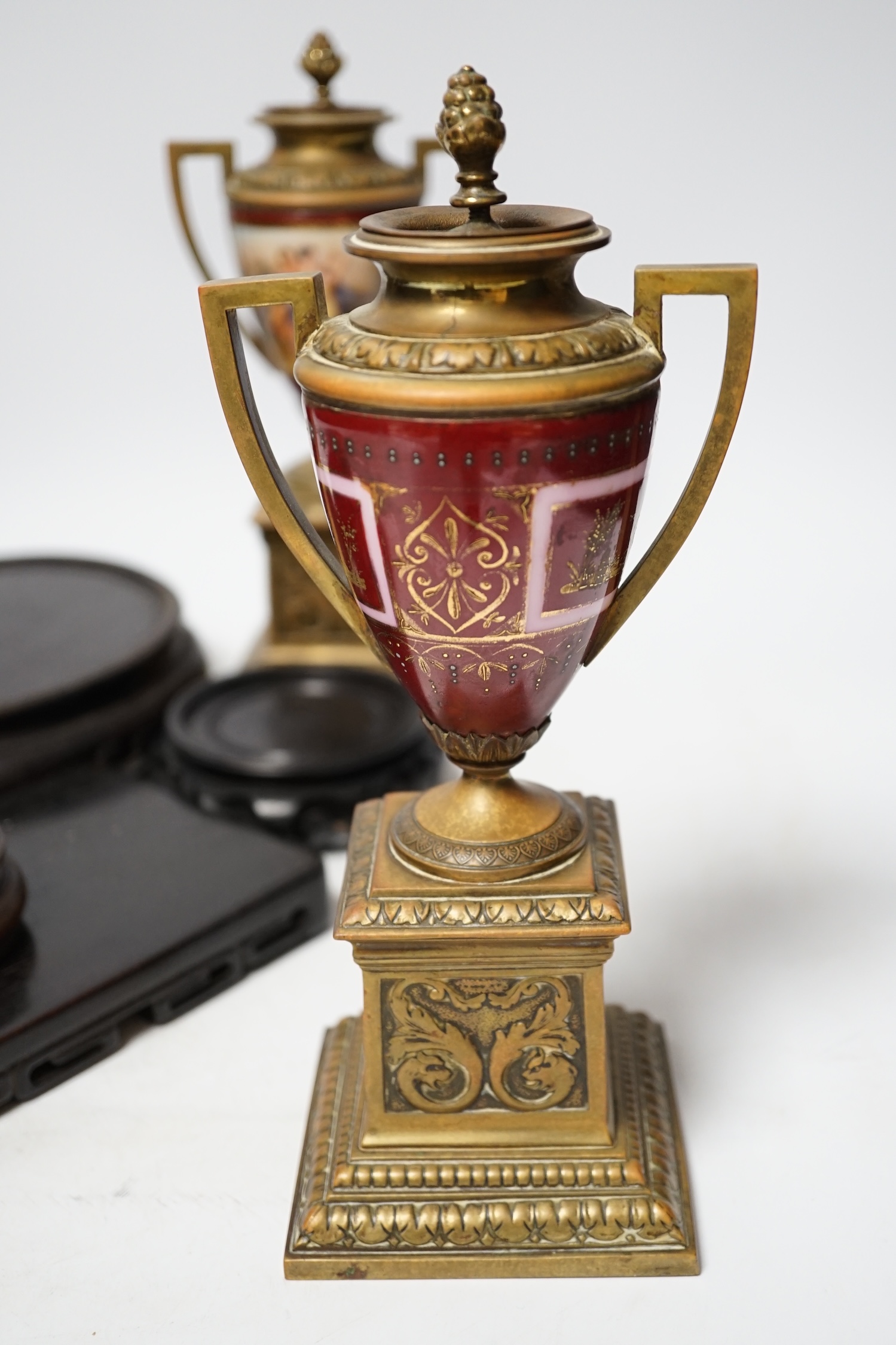 A pair of Vienna style brass mounted urns with enamelled classical scenes and six various Chinese - Image 5 of 6