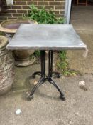 A square zinc topped cast iron garden table, width 60cm, height 73cm