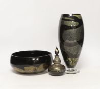 Three Isle of Wight glass pieces with gold flecked design, comprising vase, centre bowl and scent