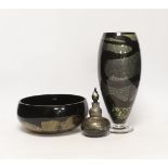 Three Isle of Wight glass pieces with gold flecked design, comprising vase, centre bowl and scent