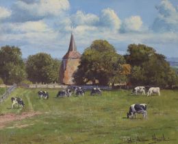 Stephen Hawkins (b.1964), oil on canvas, ‘Plumpton Church’, signed, The Ashdown Gallery label verso,