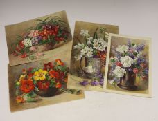 Annie L. Pressland (1862-1933) four watercolours on card, ‘Primulas’, ‘Nasturtiums’, ‘White