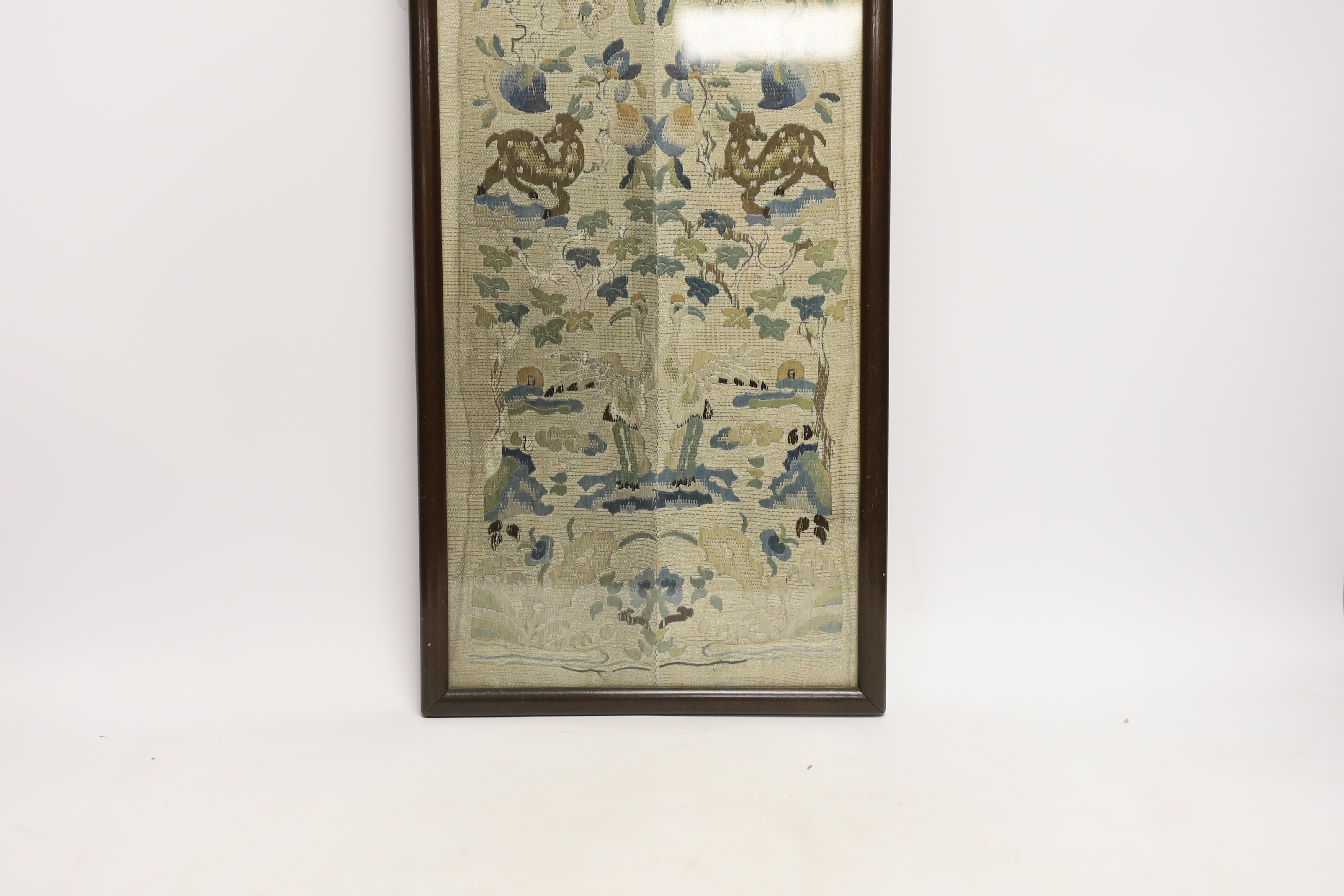 A framed pair of Chinese floral silk embroidered sleeve bands, embroidered with Chinese knot and - Image 3 of 4