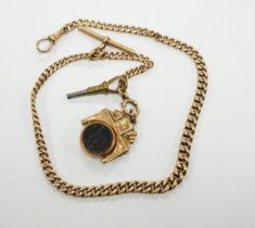 A 9ct gold albert with a bloodstone and carnelian set fob, gross weight 37.4 grams.