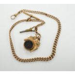 A 9ct gold albert with a bloodstone and carnelian set fob, gross weight 37.4 grams.