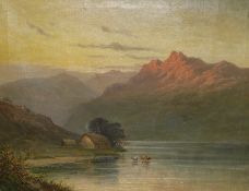 L. Leroux (19th.C), oil on canvas, Mountainous loch scene with highland cattle, ink inscription