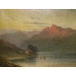 L. Leroux (19th.C), oil on canvas, Mountainous loch scene with highland cattle, ink inscription