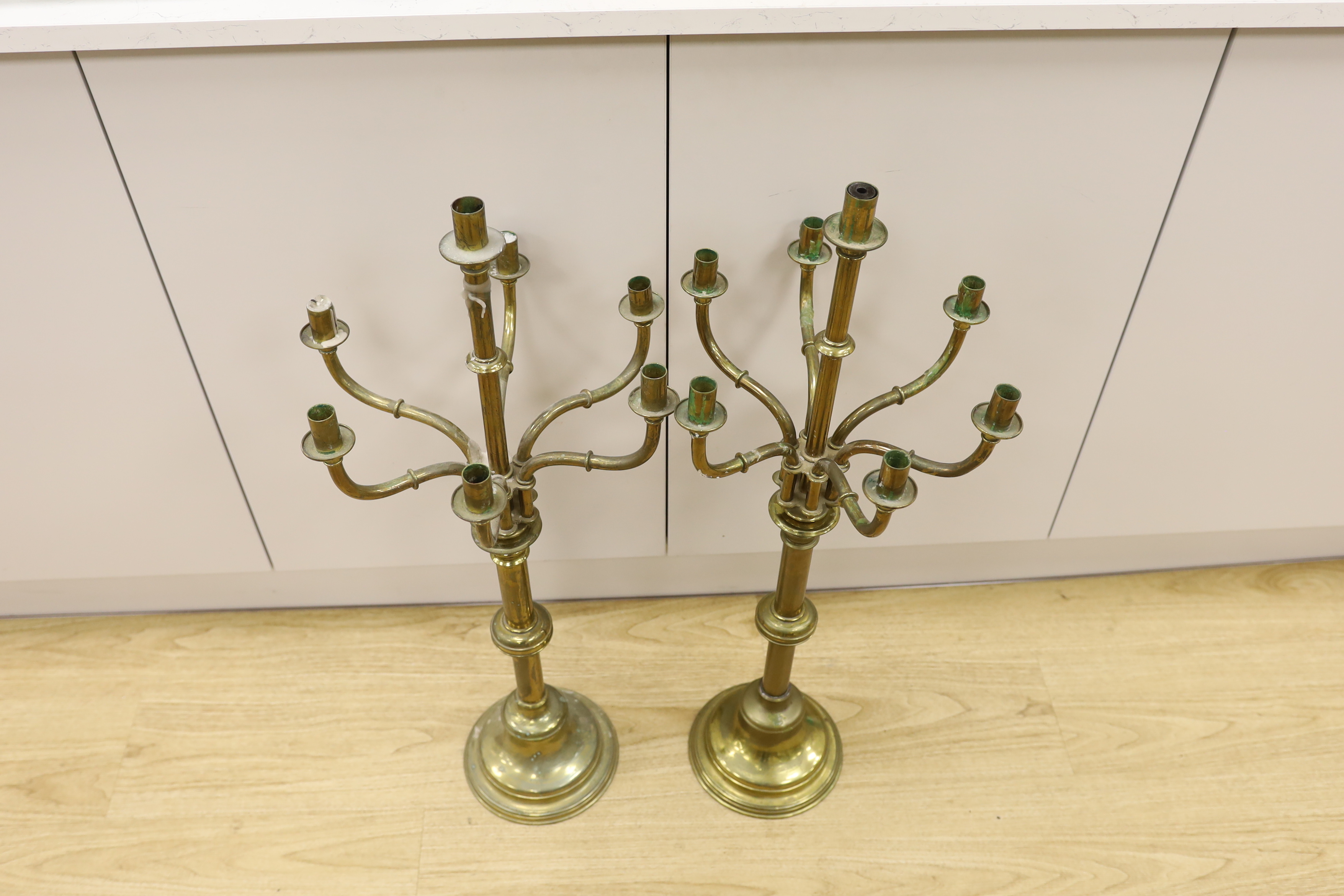 A pair of French brass altar six branch candelabra, 82cm high - Image 2 of 3