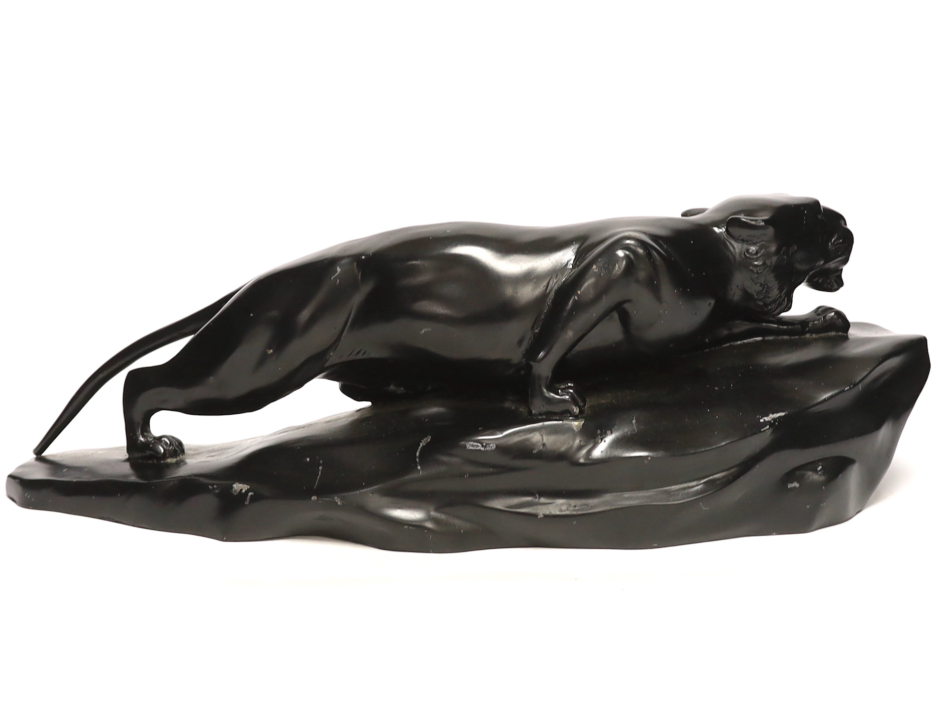 A bronzed black painted spelter panther, 50cm wide - Image 4 of 5