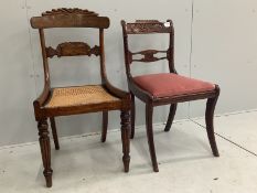 A Regency mahogany and marquetry dining chair and a Regency carved mahogany dining chair