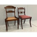 A Regency mahogany and marquetry dining chair and a Regency carved mahogany dining chair