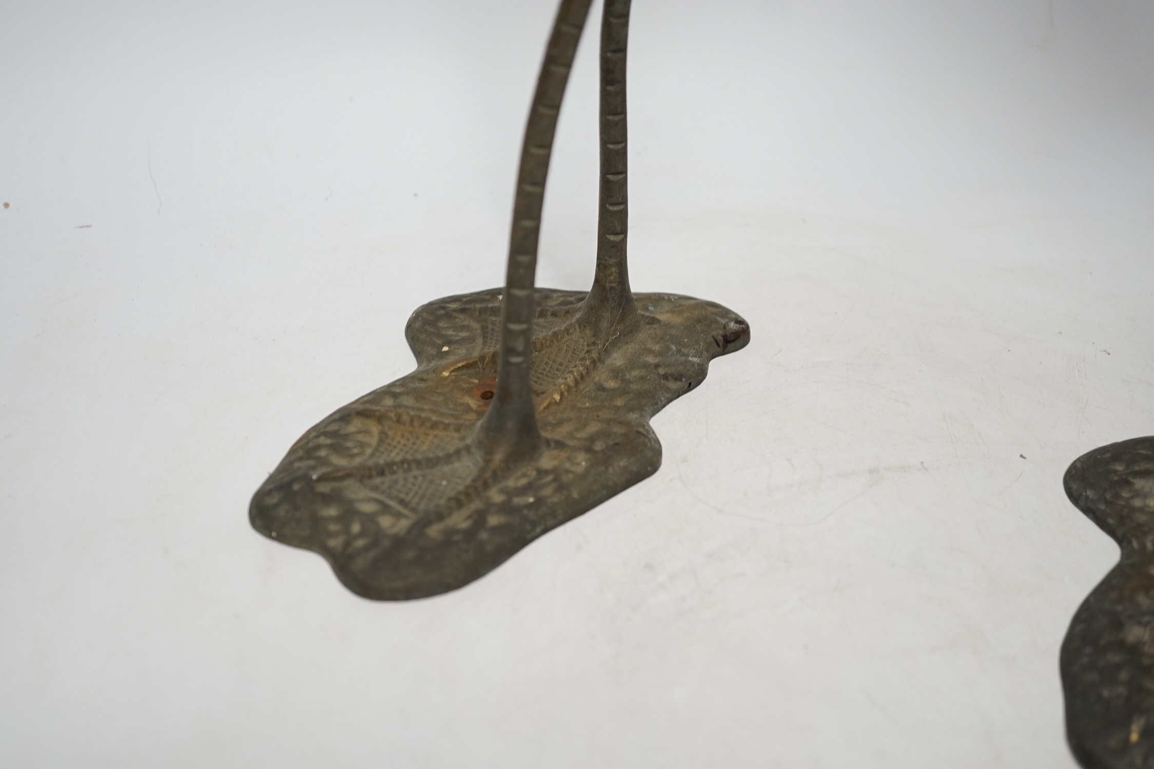 A pair of brass cranes, a pair of brass chamber sticks another chamberstick and a bowl, tallest 53cm - Image 6 of 6