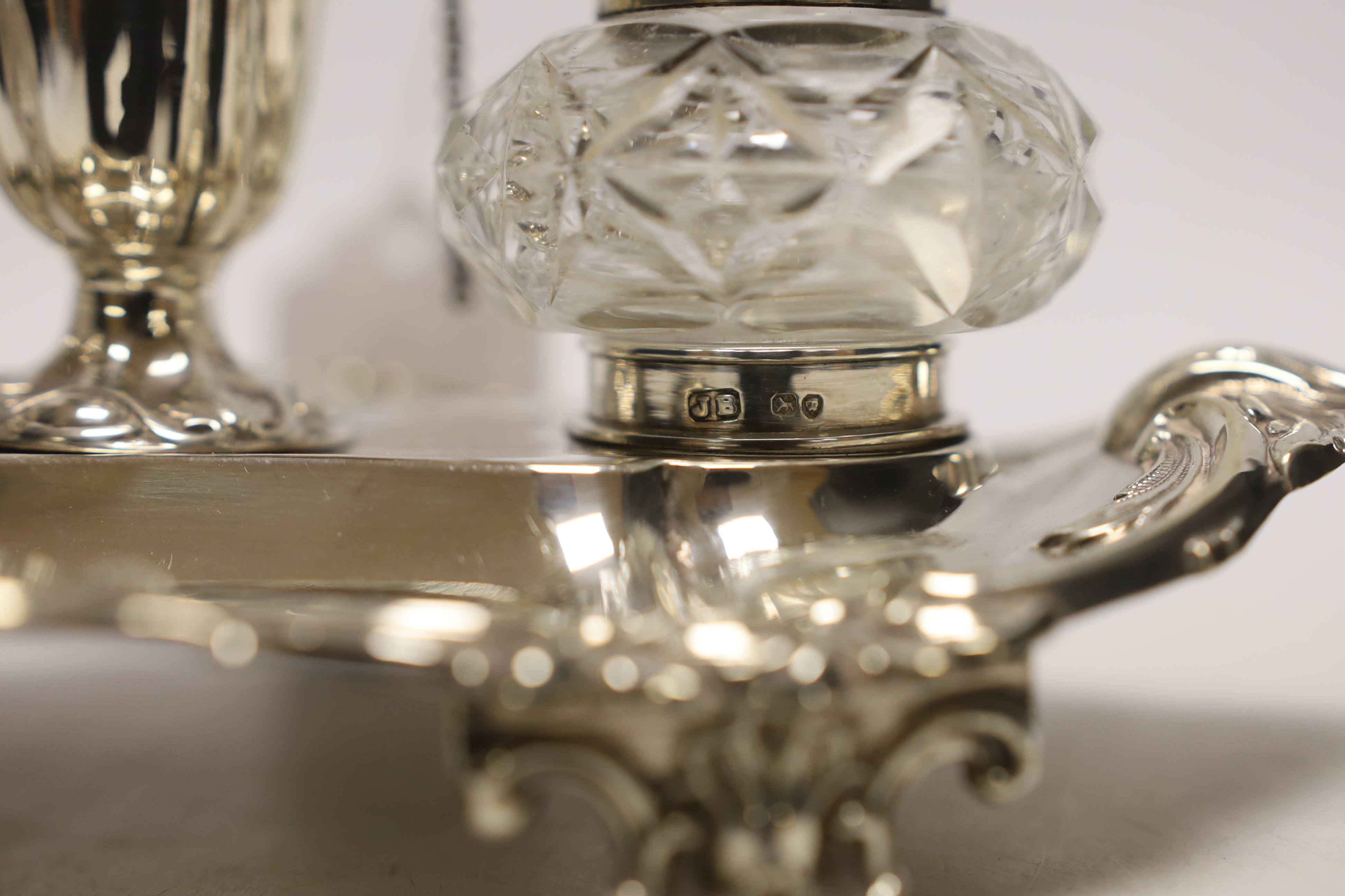 A Victorian silver inkstand, with two mounted glass wells and central removable chamberstick, John - Image 2 of 2