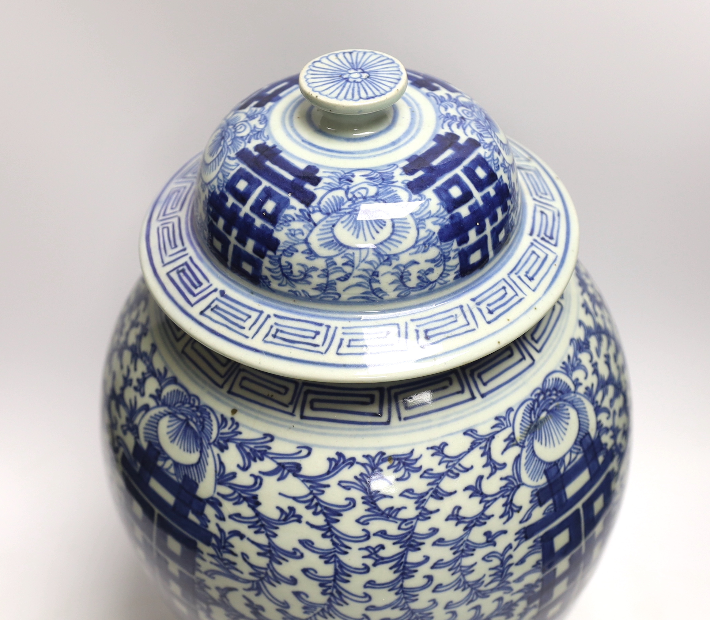 A Chinese blue and white ‘shuangxi’ baluster jar and cover, 43cm high - Image 3 of 6