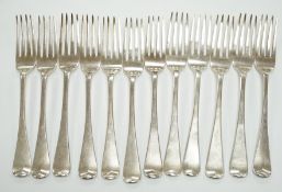 A set of six George IV silver table forks, London, 1824 and a later similar Victorian set, London,