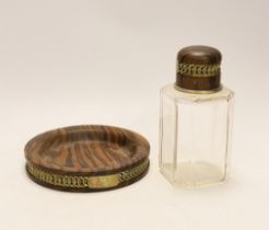 A Hermes scent bottle, 15cm high, and a zebra wood coaster