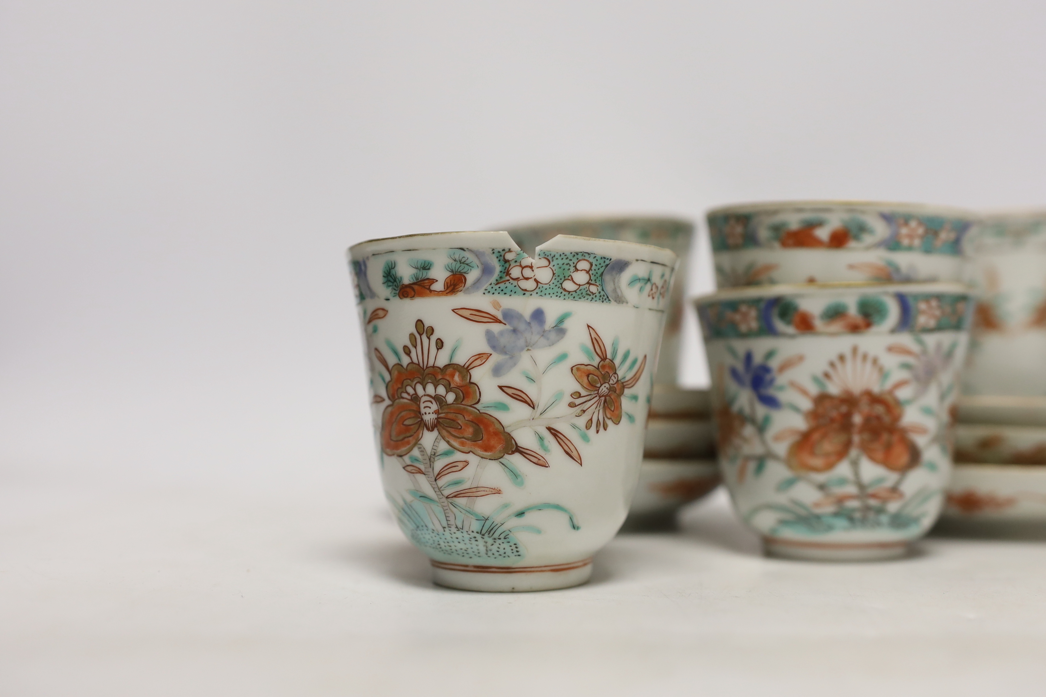 A set of six early 18th century Chinese cups and saucers with Dutch enamelled decoration, c.1710, - Image 2 of 6