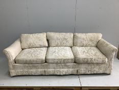 A pair of George III style three seater sofas, width 220cm, depth 86cm, height 67cm