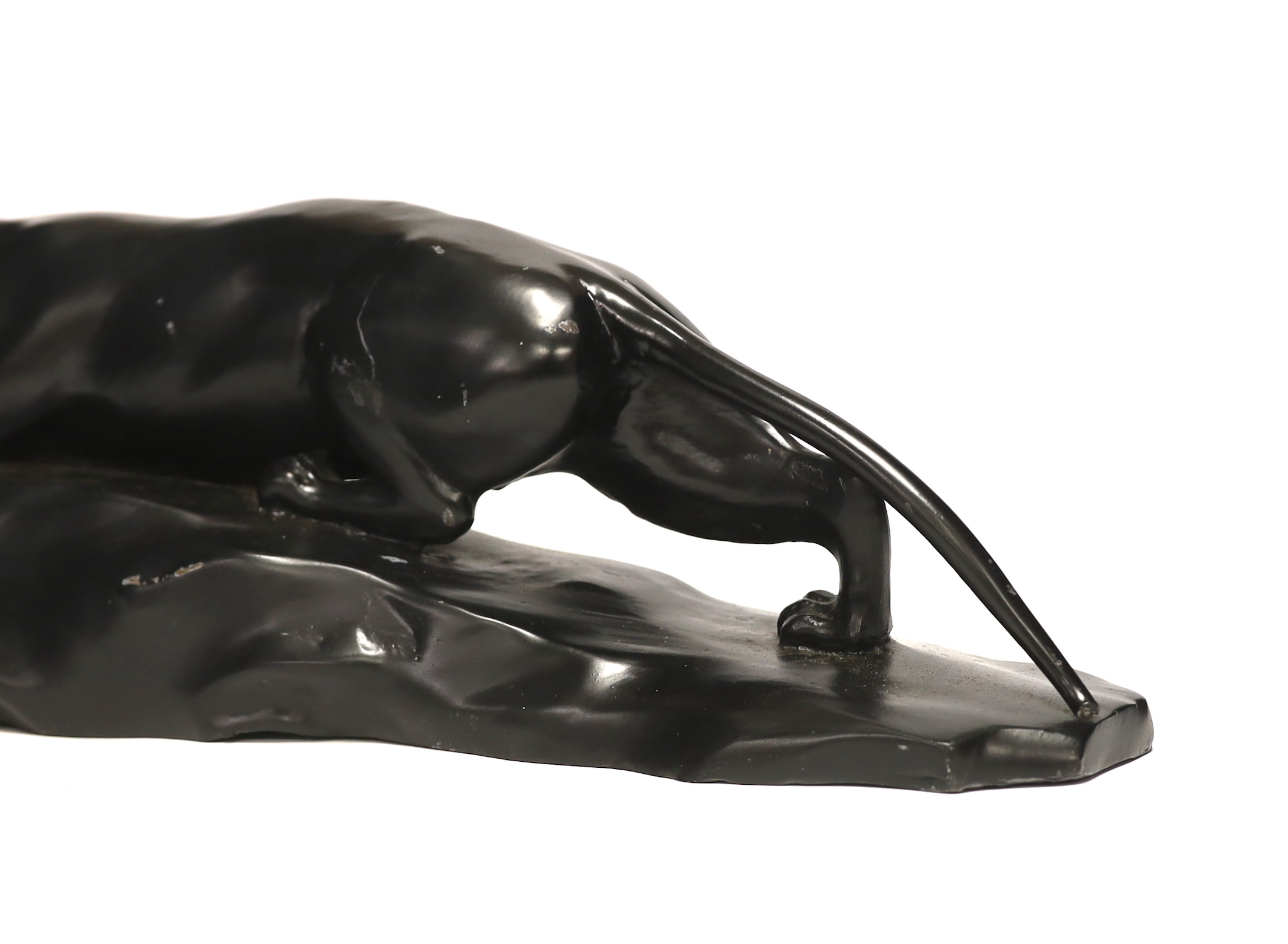 A bronzed black painted spelter panther, 50cm wide - Image 3 of 5