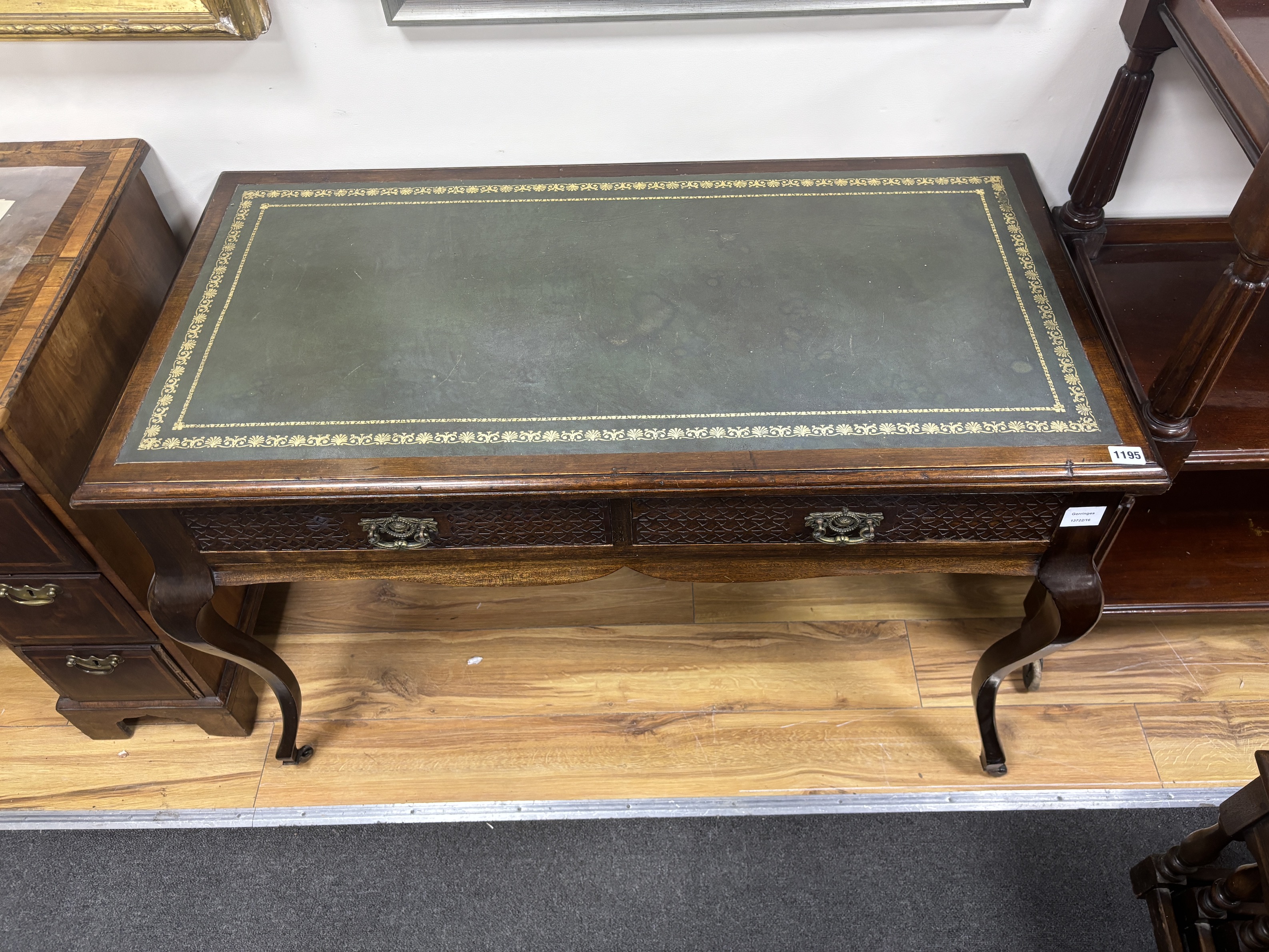 A late Victorian mahogany two drawer writing table, width 110cm, depth 54cm, height 73cm - Image 2 of 2