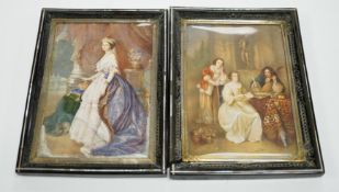 A pair of mid 19th century watercolour miniatures on ivory, Queen Victoria and three figures wearing