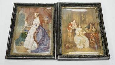 A pair of mid 19th century watercolour miniatures on ivory, Queen Victoria and three figures wearing