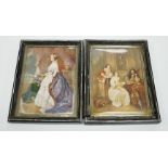 A pair of mid 19th century watercolour miniatures on ivory, Queen Victoria and three figures wearing