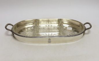 A French 950 standard white metal oval two handled hors d'oeuvres tray, with six cut glass inserts(