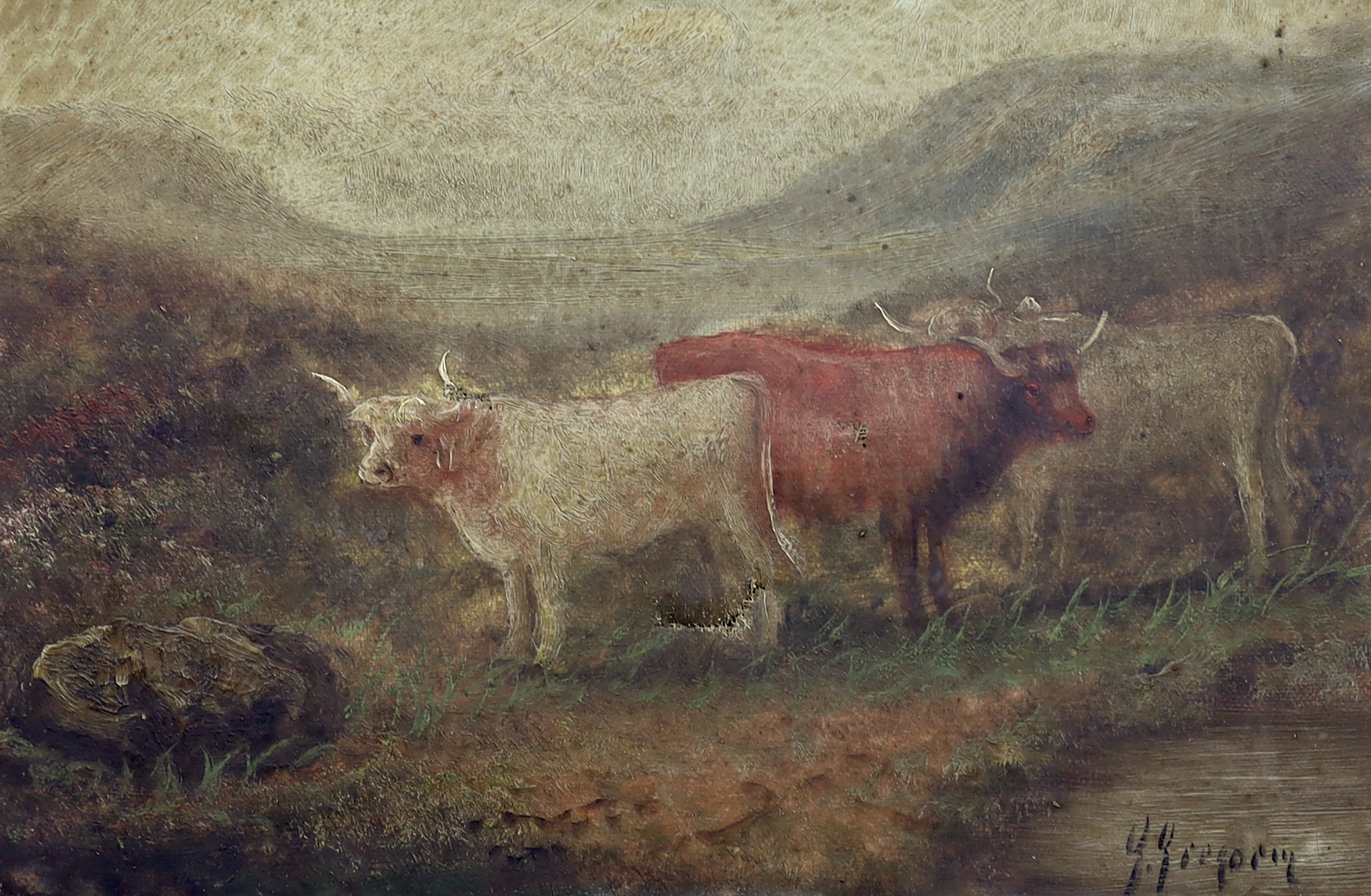 George Gregory (British, 19thC.), oil on canvas, Highland cattle in a landscape, signed, 20 x 29cm