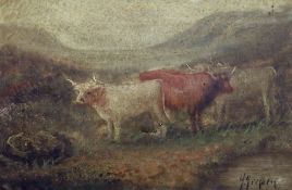 George Gregory (British, 19thC.), oil on canvas, Highland cattle in a landscape, signed, 20 x 29cm